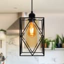 Modern Rectangular Black Metal Cage Amber Cylinder Glass Ceiling Pendant Light H3121