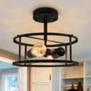 Industrial Black Ceiling Light Round 2 Light Drum Shade Lantern Semi Flush Mount K439 