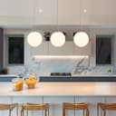 Modern 3 Light Chrome Ceiling Pendant with White Globe Lamp Shades K450
