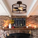 Round 3-Light Industrial Ceiling Lantern Semi Flush Mount Black Shade