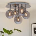 Round Chrome Ceiling Light 5 Smoked Grey Glass Globe Shades Flush Mount H3106 with G9 LED 5w Warm White
