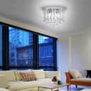 Chandelier Ceiling Light Round Modern Flush Mount Crystal Droplets Chrome Base with 4 LED Bulbs 