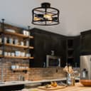 Round 3-Light Industrial Ceiling Lantern Semi Flush Mount Black Shade