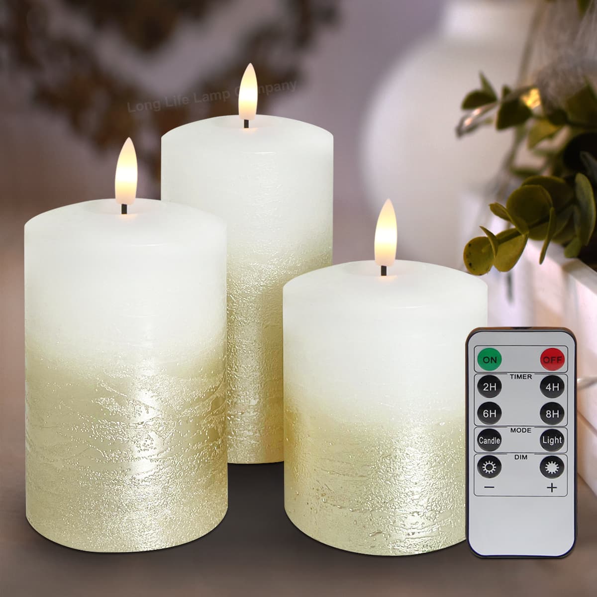 Set Of 3 USB Rechargeable LED Wax Gold Painted and White Flameless Candles With Remote Control WAX03