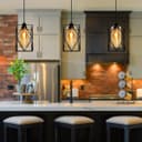 Modern Rectangular Black Metal Cage Amber Cylinder Glass Ceiling Pendant Light H3121
