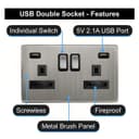 Gloss Brush Chrome USB Double Wall Plug Socket 2 Gang 13A with 2 USB Charger Port Outlets Socket Plate N776DME