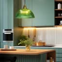 Vintage Green Ribbed Glass Brass Ceiling Pendant Light K446