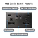 Polished Black Nickel USB Double Wall Plug Socket 2 Gang 13A with 2 USB Charger Port Outlets Plate N776GME