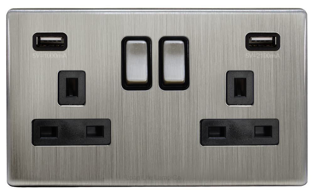 Gloss Brush Chrome USB Double Wall Plug Socket 2 Gang 13A with 2 USB Charger Port Outlets Socket Plate N776DME