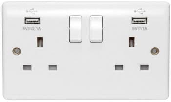 USB Sockets | Double Wall Plug Socket 2 Gang 13A with 2 USB Charger Port Outlets White Plate